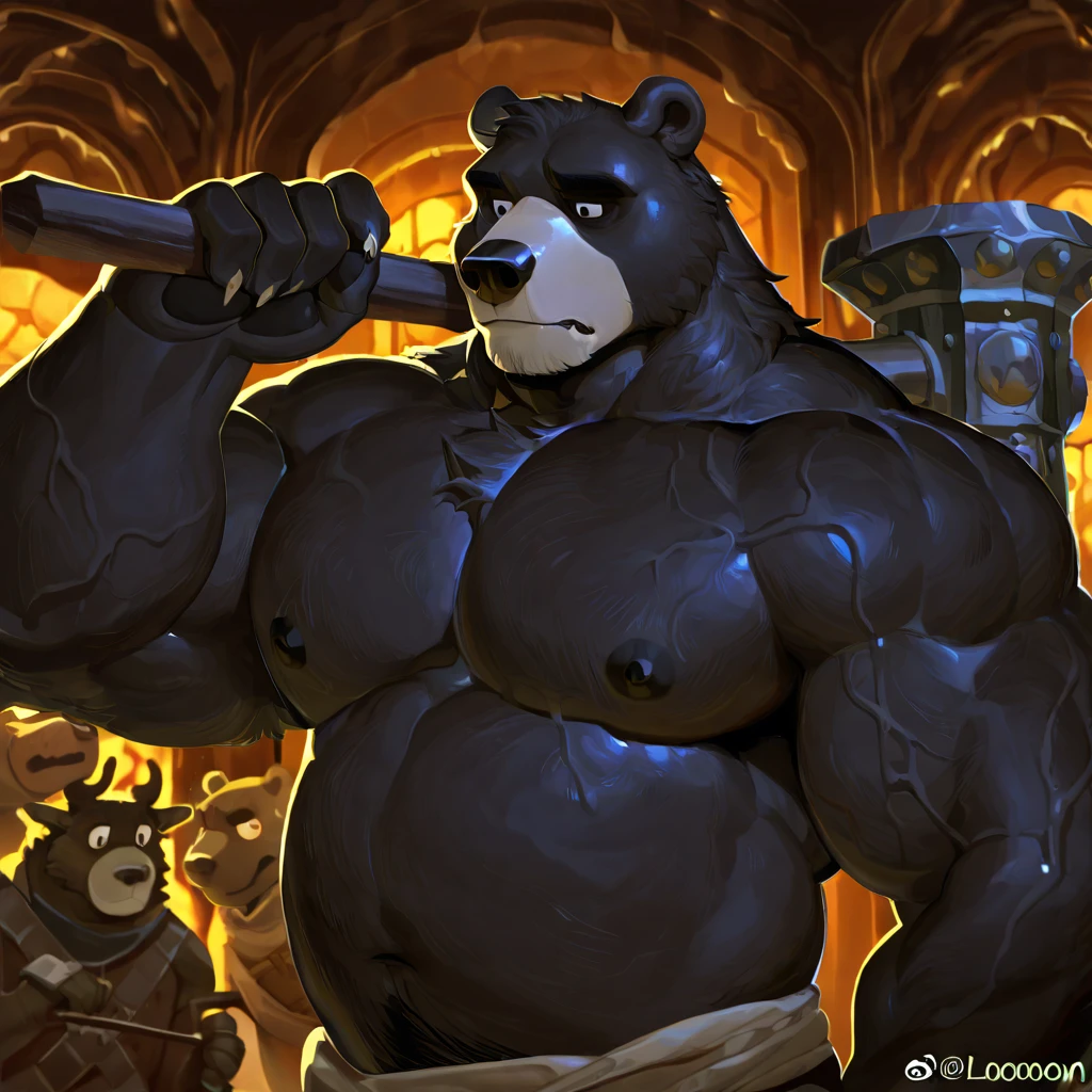 solo, feral, furry, fur taur, furry, male, beartaur, ((fluffy fur, fluffy, furry taur body)), (brown fur, bear print), brown body, grey hair, snout, black nose, yellow eyes, bear tail, detailed teeth, detailed face, detailed bear paws, detailed bear tail, spike ponytail, detailed fluffy fur, detailed face, detailed eyes, detailed body, detailed face, detailed eyes, full body, detailed taur body,  fantasy grand hall, (by null-ghost, by raccoon21, masterpiece, high quality, hi-res,8k), standing, outdoor, happy expression, day, smirk, dynamic pose, hand wraps, detailed hands, detailed muscle, big belly((white))