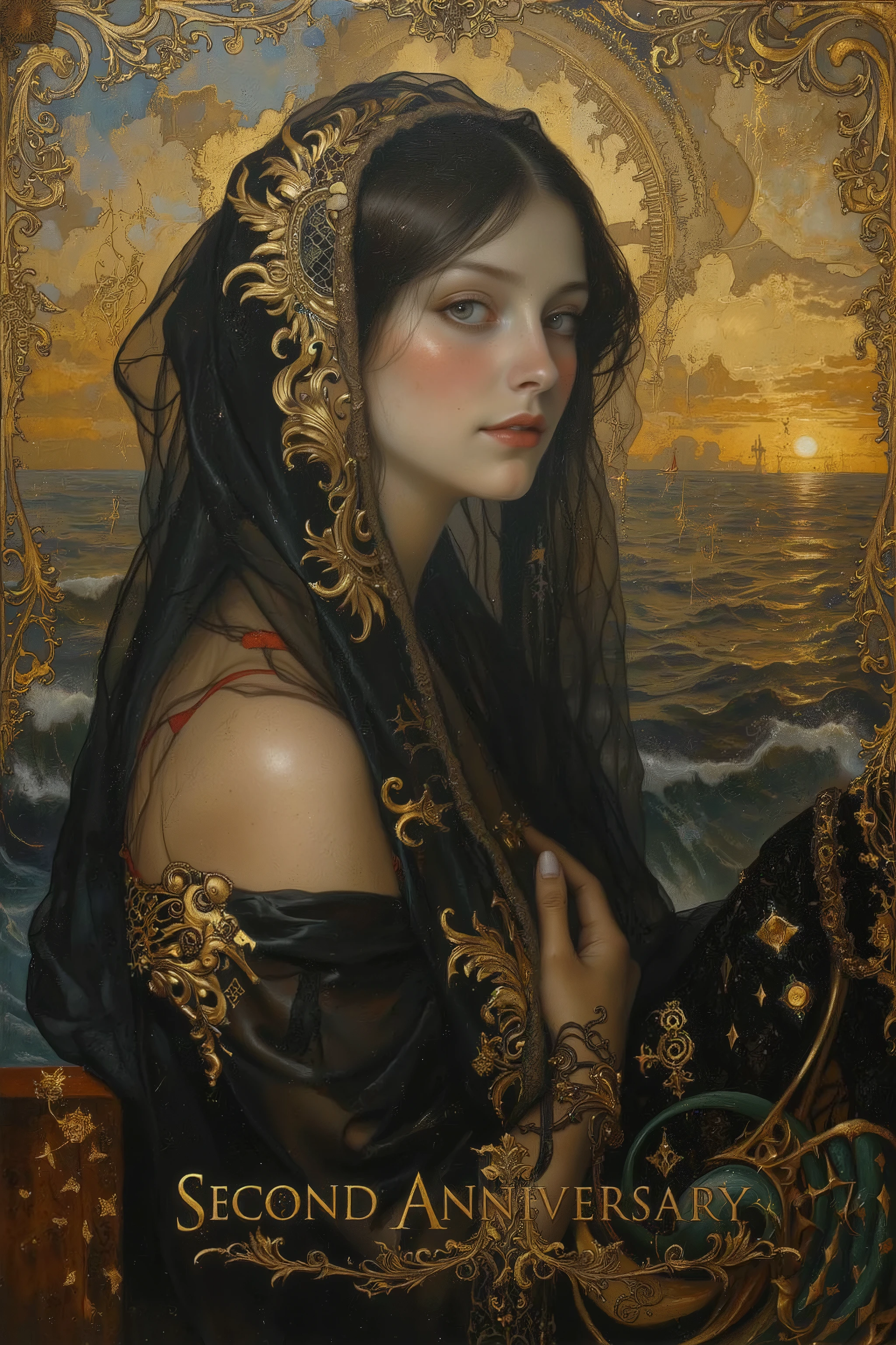 (((center title text"Second Anniversary.":1.5))),side view,romantic atmospheric,dynamic pose,dynamic angle,very beautiful mermaid,smile,sexy,wearing black veil,seaside at dawn, oil painting portrait,Gustav Klimt Style, ,vicgoth,exquisite digital illustration,vicgoth,exquisite digital illustration,aman0ayam1,by gustavklimt
