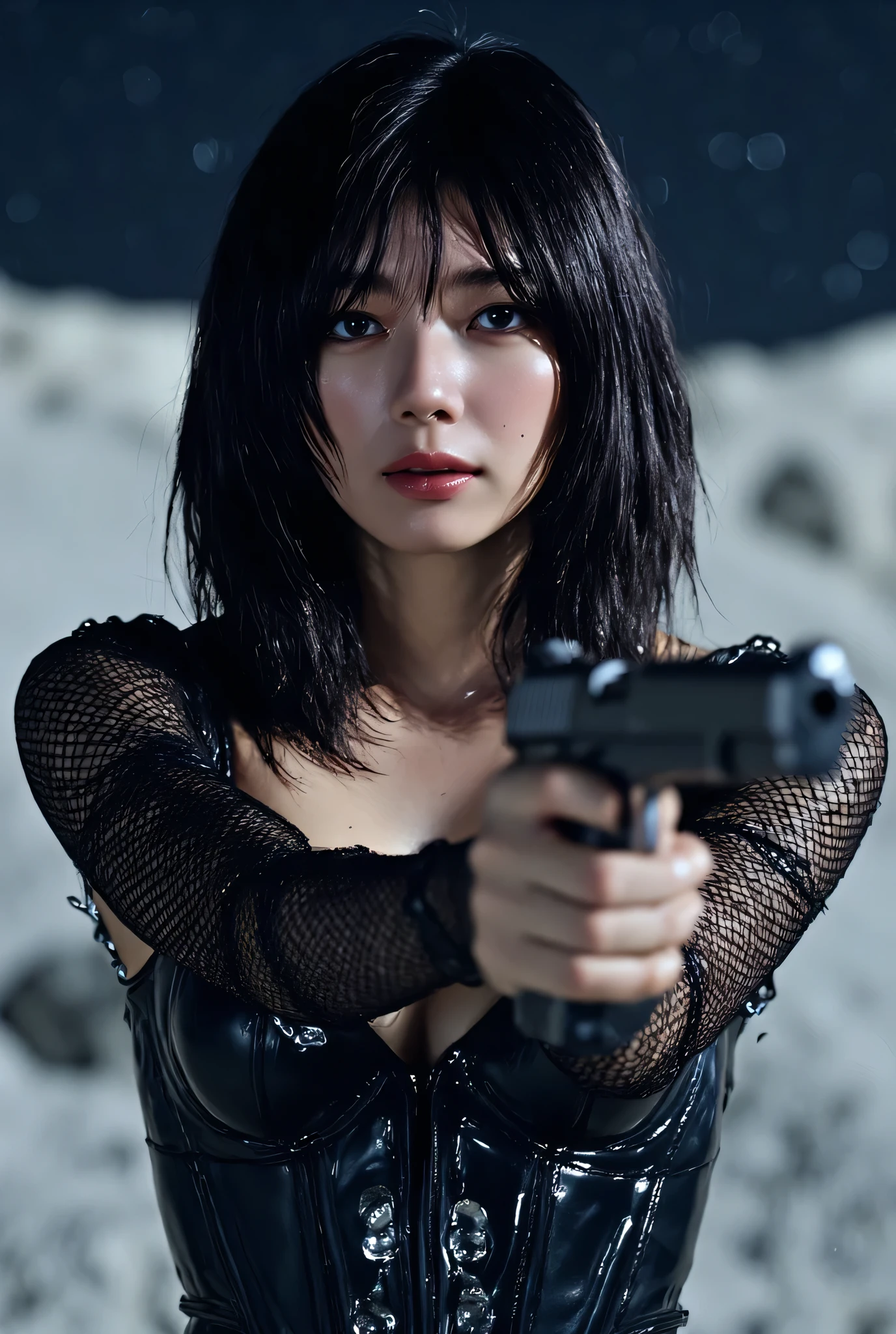((starry sky:1.7)),(((On the rocky surface of the moon:2.0))),(((HR Gigger style cyberpunk atmosphere:2.0))),(((Hold a cyberpunk-style pistol:2.0))),(( pointing a muzzle at the viewer :2.0)),standing,((full body:2.0)),one woman,(cute face:2.0),(Beautiful well-balanced face :2.0),((long hair with bangs:2.0)),(wavy black hair:1.5),(Beautiful Eyes:1.3),glamorous shot of a 20-year-old Japanese woman,Beautiful slender body,((model body type:2.0)),((slim body:1.7)),perfect body line,Ideal Proportions,((small breasts:2.0)),((Three sizes 84-55-85:2.0)),((B-cup breasts:1.5)),beautiful breasts,((Underboob:2.0)),Bare thighs,Sensual Thighs,delicate body,(muscular:1.7),harmonious posture,((Realistic breast depiction :1.7)),carefully depict limbs based on perfect anatomy,(( futuristic samurai style black corset:2.0)),((body-fitting latex corset:2.0)),((((Black nipples:2.0)))),((Hide your nipples:1.7)),((black kimono:2.0)),((Tactical Holster:1.5)),((((Coarse mesh fishnet stockings:2.0)))),concept art,(top quality:1.5),(masterpiece:1.5),(超高resolution),resolution,UHD,(delicate depiction),carefully drawn,32k,((realistic skin texture:1.5)),(((super realistic:1.5))),carefully draw eyelashes,Highly Detailed Faces,Highly detailed female hand, Sexy appearance ,Extremely Sensual,(Blurry Dim Backgrounds :1.5),Professional Photography,(movie lights:2.0),((Blade Runner style lighting:2.0))