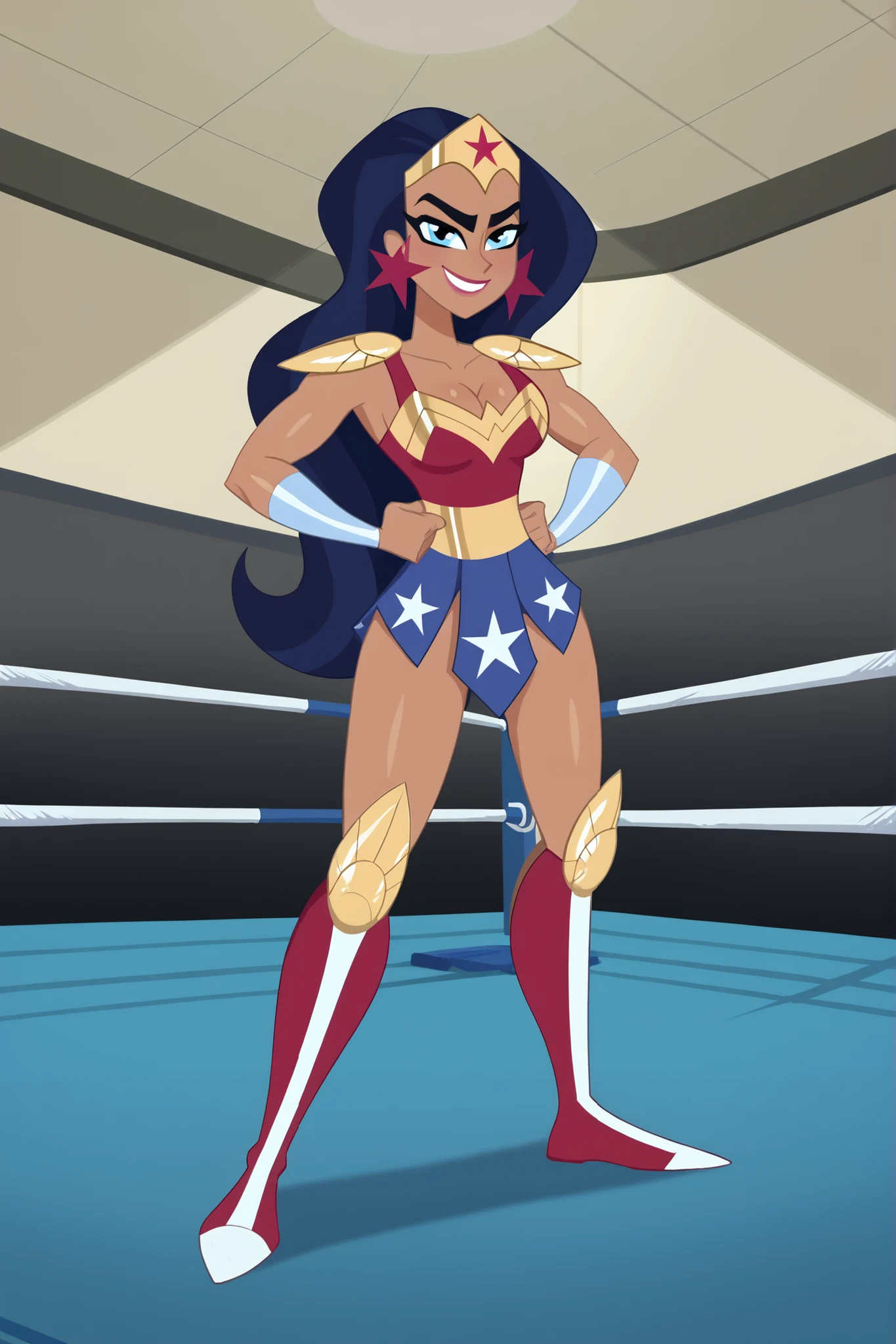(masterpiece),( best quality), 1girl, long black hair, dark skin, bright hazel eyes, hyper-detailed, perfect body, detailed eyes, beautiful girl, superhero, leotard, war_glam armor, embroidery, tiara, bare legs, gloves, boots, ripped muscles, athletic physique, Looking at viewer, (She has a confident expression, A sarcastic smile)