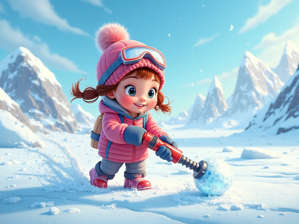 Watch me see a child who really looks like a human being riding a bobbycar with skis down a snow mountain. So the bobbycar has skis attached to the wheels the child looks like a real person and not like a comic