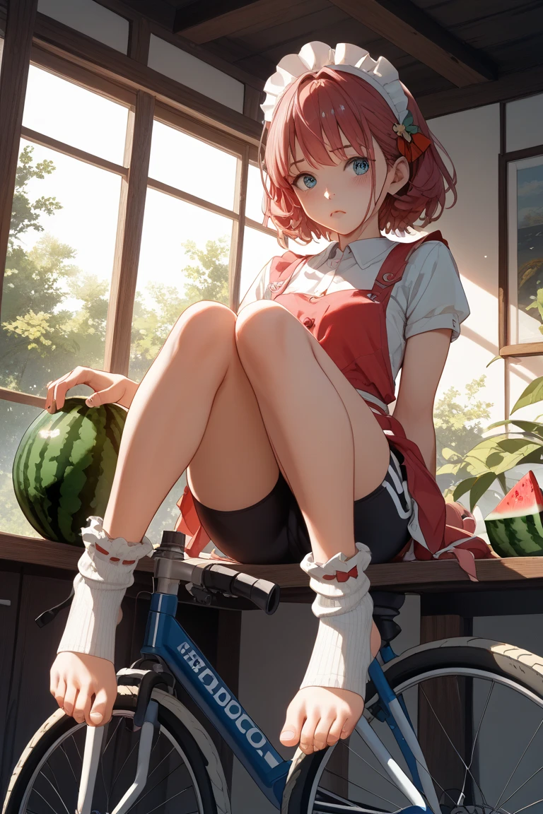Light-skinned girl with long brown hair, fringe and a red bow on the back of her head, wearing blue dungarees with a white short-sleeved T-shirt with blue shorts and knee-high socks, eyes closed, red shoes in the background on a strawberry field with red cheeks eating a strawberry with a picnic blanket with eyes closed with a frog next to it 