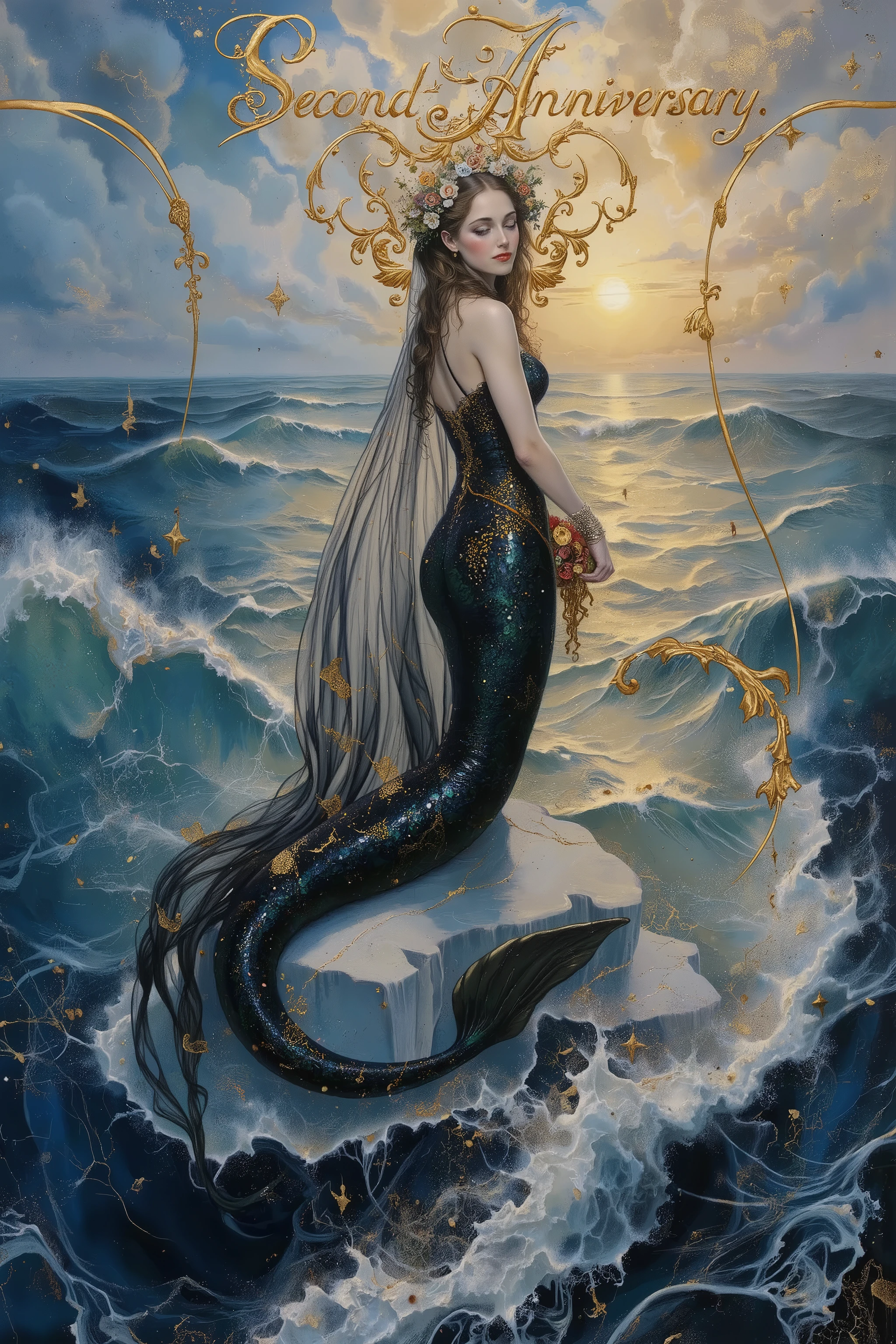 (((center title text"Second Anniversary.":1.5))),side view,romantic atmospheric,dynamic pose,dynamic angle,very beautiful mermaid,smile,sexy,wearing black veil,seaside at dawn,The ocean sparkled with shades of blue as the dawn,blue tone,seaart logo, oil painting,Gustav Klimt Style, ,vicgoth,exquisite digital illustration,vicgoth,exquisite digital illustration,aman0ayam1,by gustavklimt