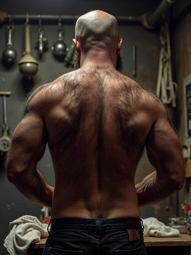 A muscular man, male, handsome detailed face, short hairstyle, humanoid fox costume with ears on head, large breasts, sexy look, looking directly at viewer, tattoos,