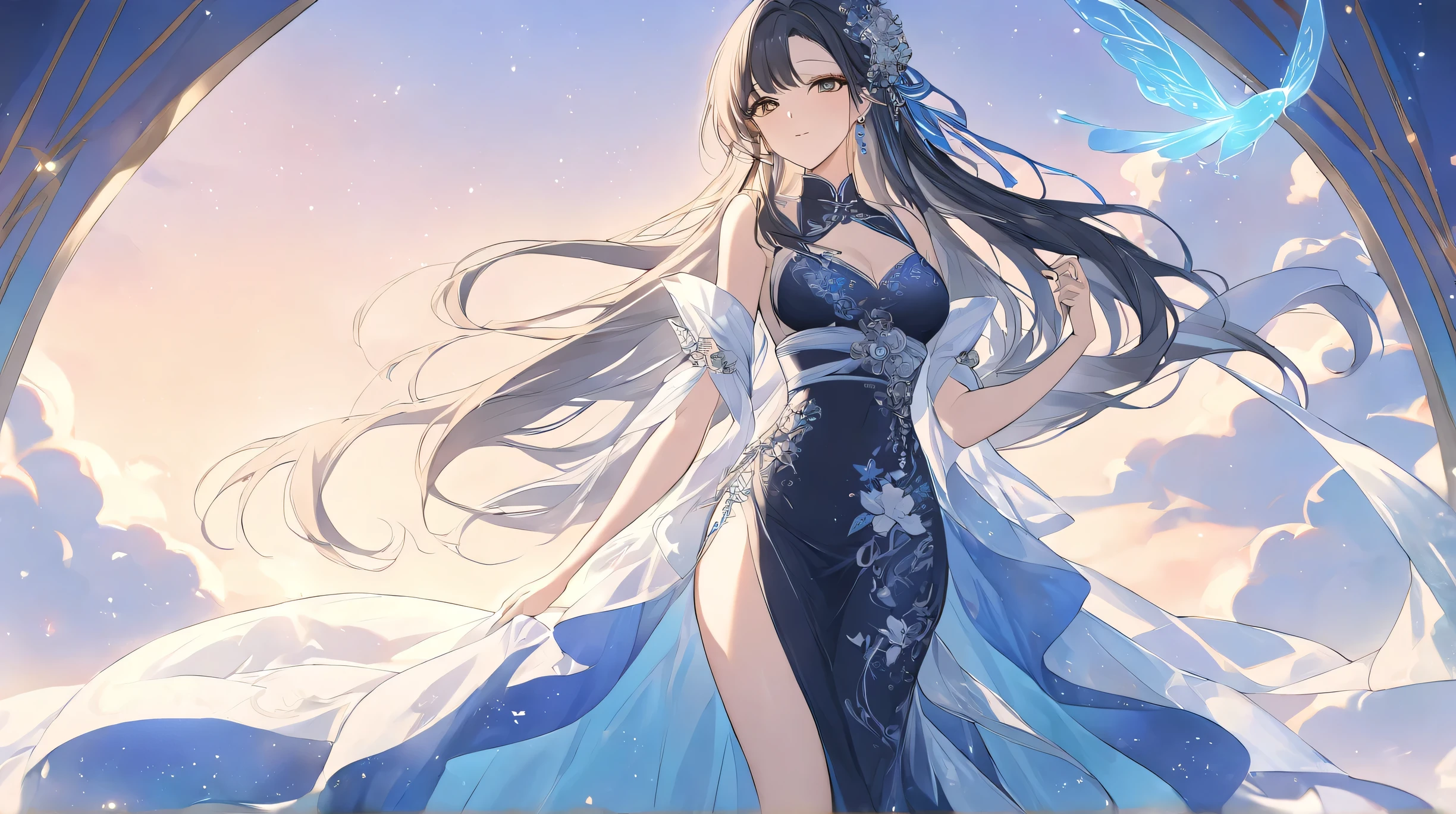 Masterpiece, Best Quality, Top Quality, Very Detailed, 1 girl, A celestial anime beauty lounges on a cloud-like bed, her deep blue cheongsam sparkling with enchanted silver floral designs. Her raven-black hair flows around her like silk, interwoven with glowing blue ribbons. The air shimmers with a soft, magical haze, amplifying the dreamy and otherworldly atmosphere. Her serene expression and relaxed posture suggest a moment of divine tranquility. Rendered in a fantasy anime style with luminous colors, intricate fabric details, and an enchanting glow, this image feels like a glimpse into a fairy tale.