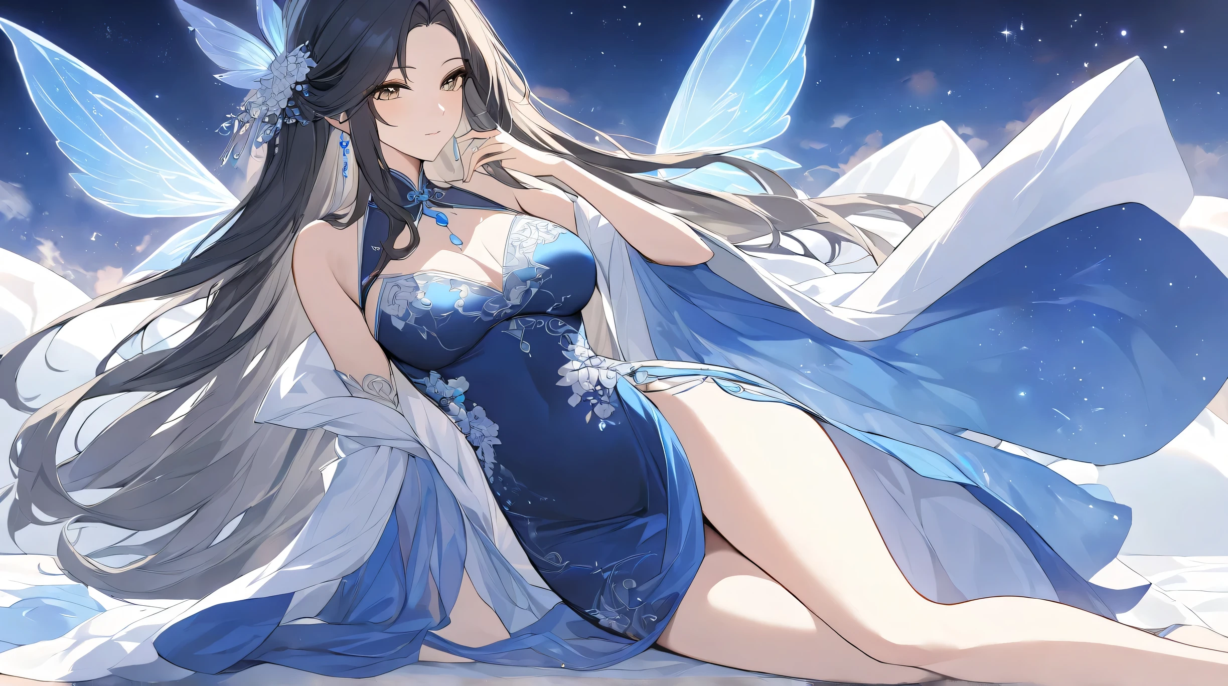 Masterpiece, Best Quality, Top Quality, Very Detailed, 1 girl, A celestial anime beauty lounges on a cloud-like bed, her deep blue cheongsam sparkling with enchanted silver floral designs. Her raven-black hair flows around her like silk, interwoven with glowing blue ribbons. The air shimmers with a soft, magical haze, amplifying the dreamy and otherworldly atmosphere. Her serene expression and relaxed posture suggest a moment of divine tranquility. Rendered in a fantasy anime style with luminous colors, intricate fabric details, and an enchanting glow, this image feels like a glimpse into a fairy tale.