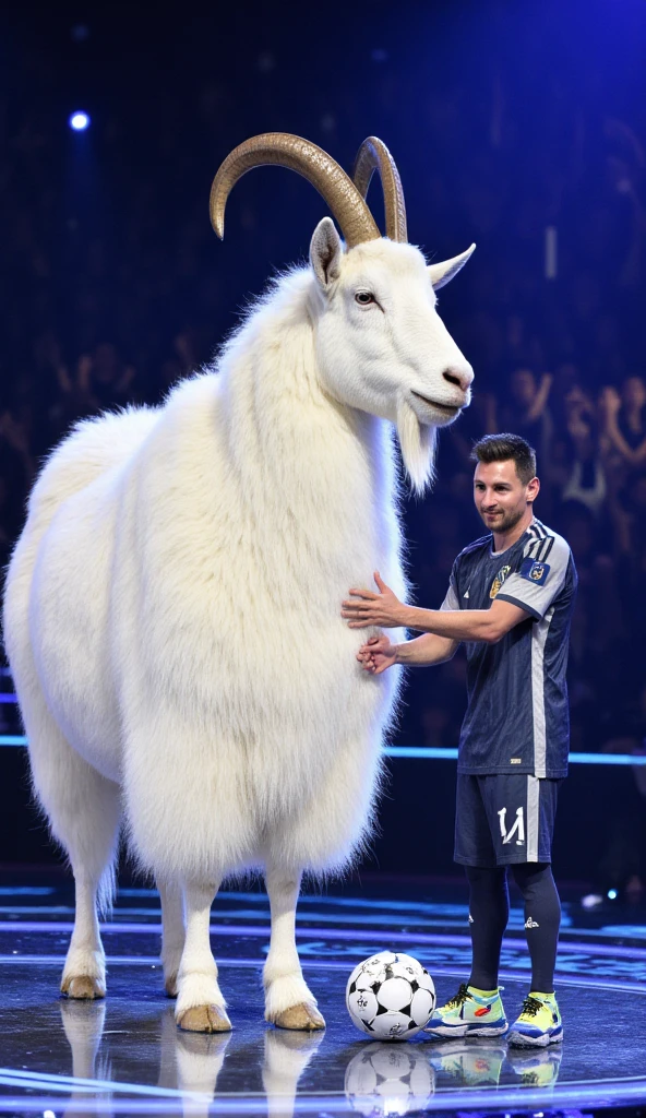 Lionel Messi steps onto an enormous, glowing TV show stage, dressed in ...