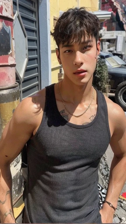 A 13-year-old male adolescent, shaved hair at 3, with gray eyes, bare chest, with a single tattoo that resembles a hurricane on his left chest, short and black pants, and on top of a 2-story building.