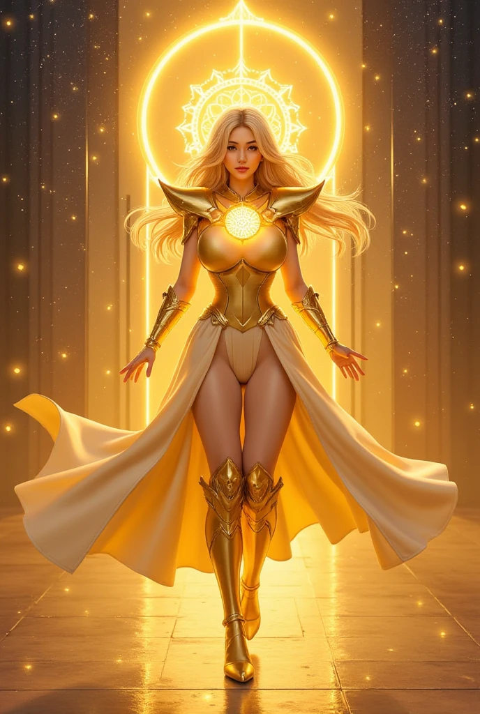 a woman in a golden dress posing in front of a lake, golden goddess athena, golden goddess, sun godness, lovely Brigitte de Overwatch, Inspired by Yang J, Golden robes, Inspired by Yang Jin, appears as the fire goddess, Anime goddess, as the sun godness, beautiful leo goddess, Brigitte de Overwatch, golden aura, golden skin