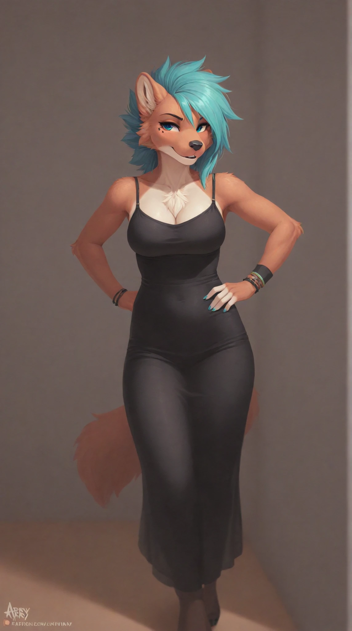 solo:1.3, a cute pink domestic dog, woman, pink fox tail, pink furry body, cute short snout, pink nose, pink eyes, very long curly pink hair, pink floppy dog ears, by fumiko, by hyattlen, standing, background, (wearing strapless tube dress, choker), curvy, hourglass figure, plump body, chubby, big bushy tail,
