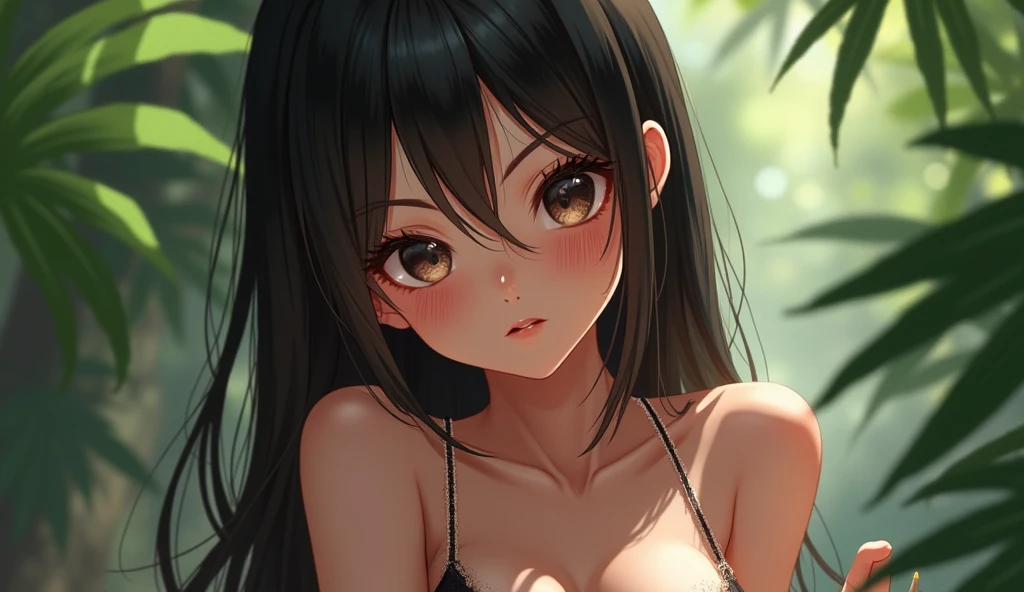 Detailed facial details,,1 girl,Red lips,Cat ear,Black long hair,Wearing a pure white bikini,Large Breasts,Slim,Collar,Handcuffs,Radiant Skin,Kneel on the plank,Wood board shop,flower,Small Island,Dense forest,Rainforest