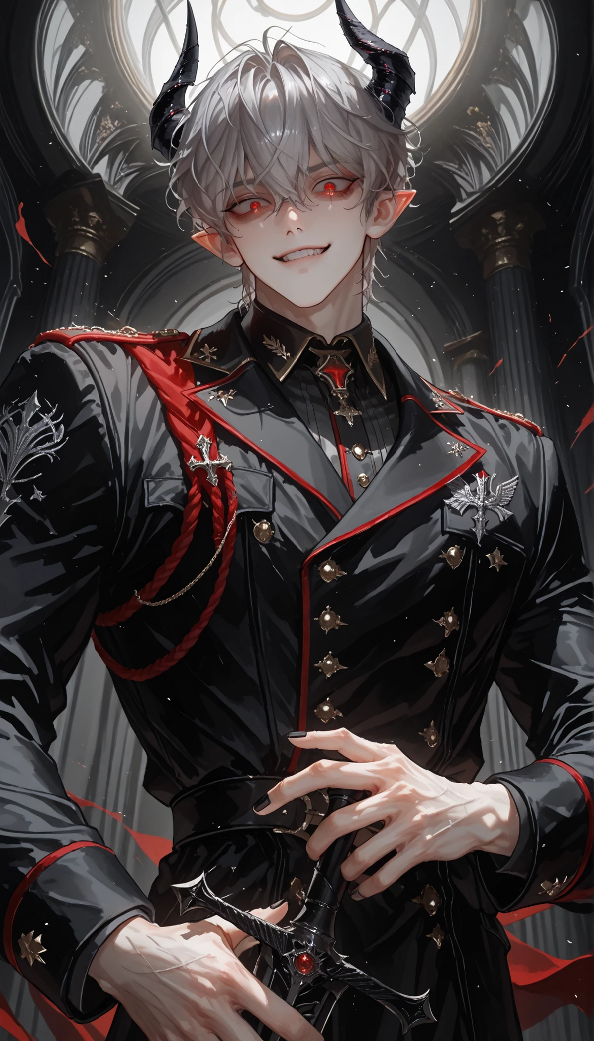 4k , 8k , solo image , (only 1male short grey hair with red eyes, wavy hair) , short hair style , adults , 25 years old , handsome , novel , manhwa , very details , perspective , hair details , very anime eyes details , ตรงตามกายวิภาคมนุษย์ ,ร่างกายสมส่วน , smirk , (body : head to waist focus, muscled, large) , standing pose, black horns, pointed ears, black manicure, crazy eyes, black noble military uniform, black sword