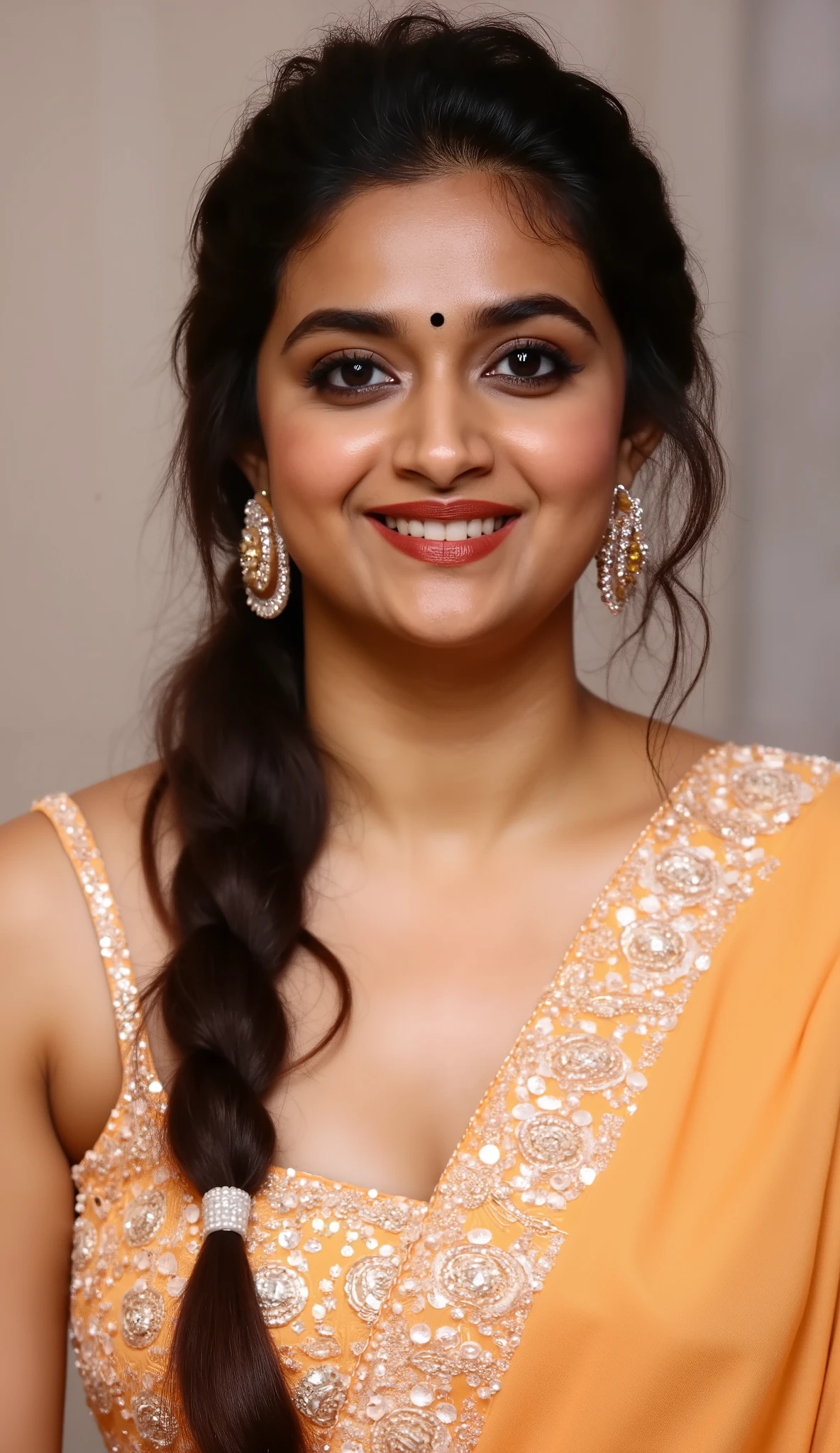Close up photo of sexy keerthy suresh , front view, curvy, hourglass figure, swooping big breasts, deep cleavage, light
Orange blouse, saree,navel, belly button, sitting in a bed and doing push ups, look at viewer and subtle smile, French braid hair, necklace, ear rings, nose ring, jhumka, wearing jasmine flowers in hair .