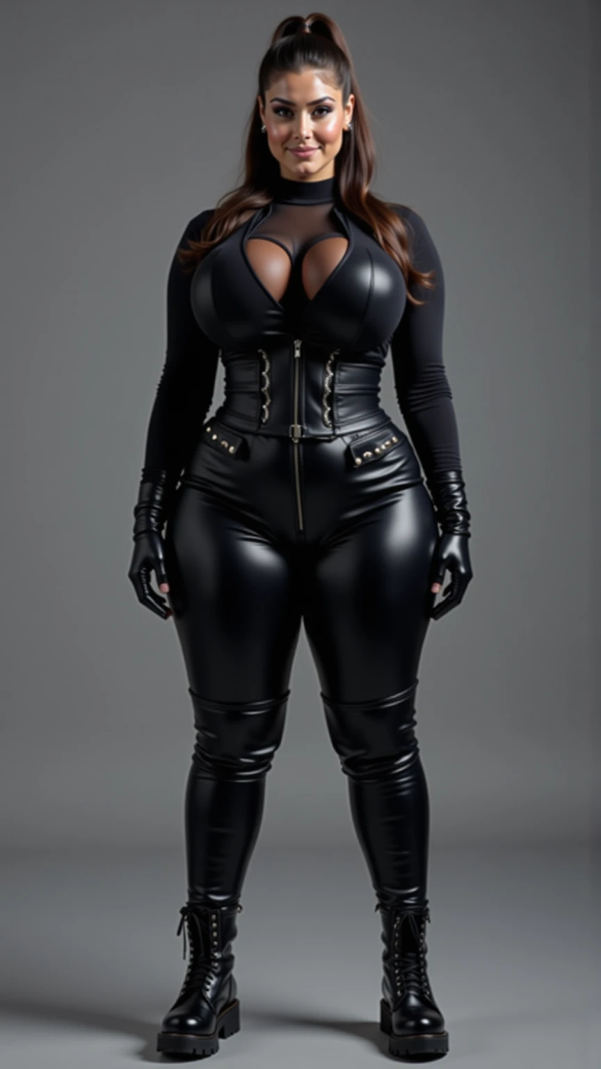 afro women,brown Bob Haircut,dark brown eyes, black leahter Crop jacket, purple latex Corset,big breast, black leater trousers, purple belt,black long boots, standing