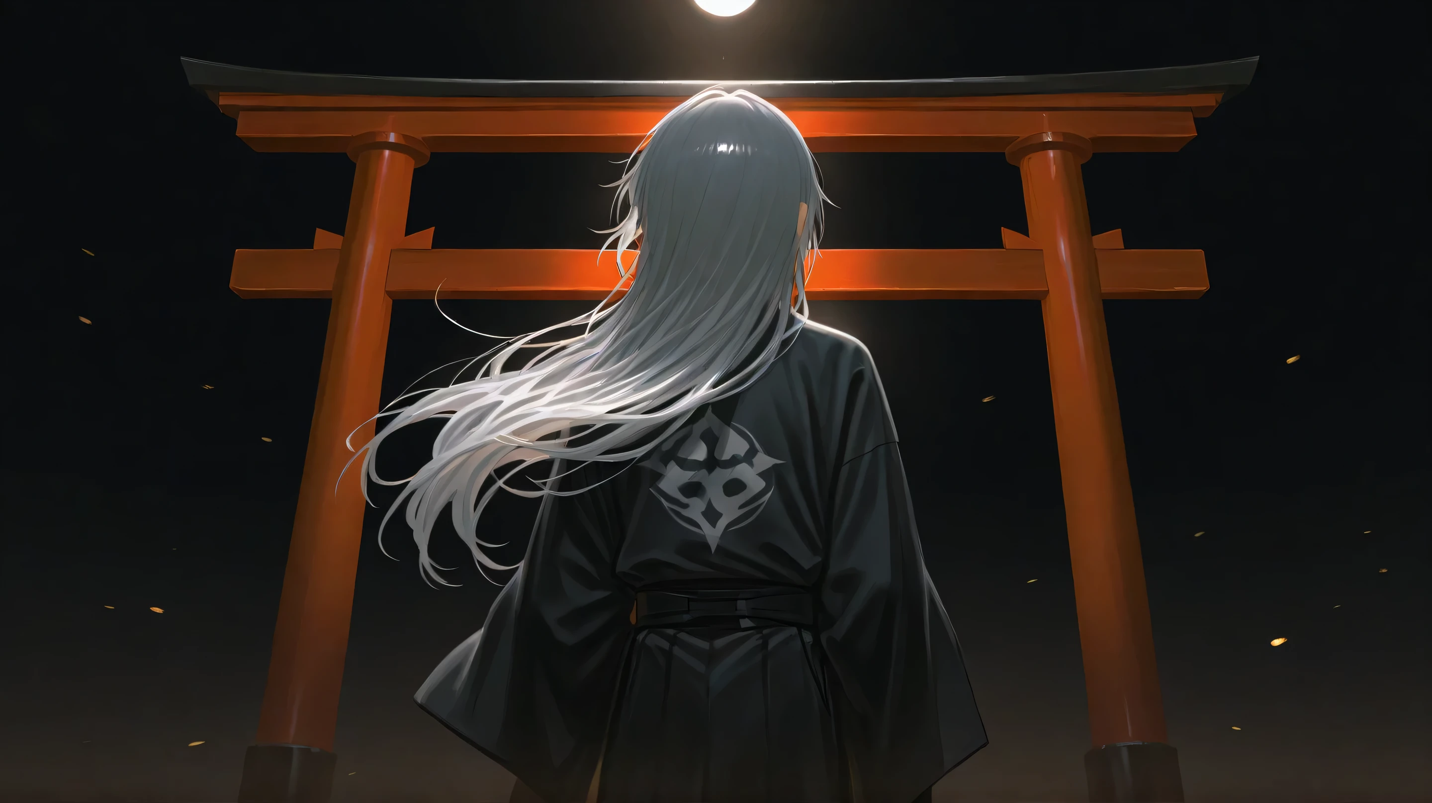 Beautiful boy with gray hair、Draw a back view、 wearing black Japanese clothes。((((Underexpose Lighting)))))、Subtle yet dramatic lighting effects,dark atmosphere,best quality,Superb product、Black background 。long hair、solo。foggy white background。is about to pass through the torii gate。