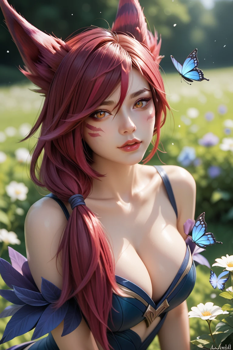 Ahri league of legends, ahri spiritual blossom, fully body, happy look, kimono, perfectbody, face detailed, high resolution, super detaill, 8k, Overview, with Japanese cherry trees