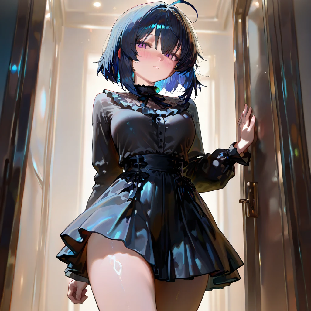Masterpiece, extra high resolution, ultra -detailed, Beautiful European girl, black hair, short bob cut, Amazing blue eyes, White Skin Skin, red-lips, blushful, gentle look, sorceress, Amazing face, The Amazing Mavis Dracula, realisti, Black Dress, striped socks , Beautiful, the perfect body, Striped Thighhighs, Bulma, (On his feet:1.2), (cum on face:1.3), (cum on clothes:1.4), NSFW, Slut, struggling,