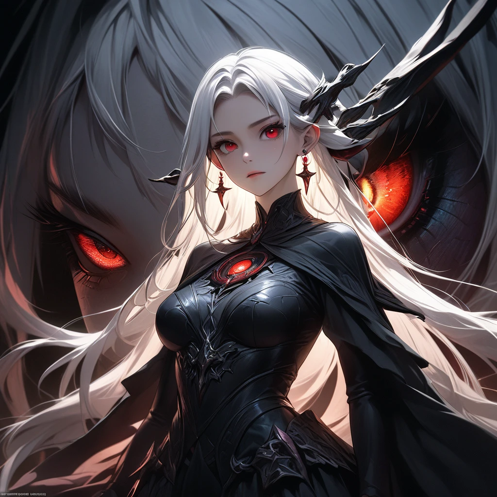 Anime, démon féminin dans un décor fantastique, représenté dans un style artistique sombre avec une touche gothique. Le personnage est une jeune fille gothique aux couleurs noir et blanc, couverte de sang, dégageant une aura de dark fantasy. Elle tient un cornet de glace dans sa main gauche, créant un contraste saisissant avec l'atmosphère étrange et sombre qui l'entoure. L'illustration présente une conception de personnage détaillée et des éléments d'arrière-plan complexes, renforçant l'esthétique de la dark fantasy.