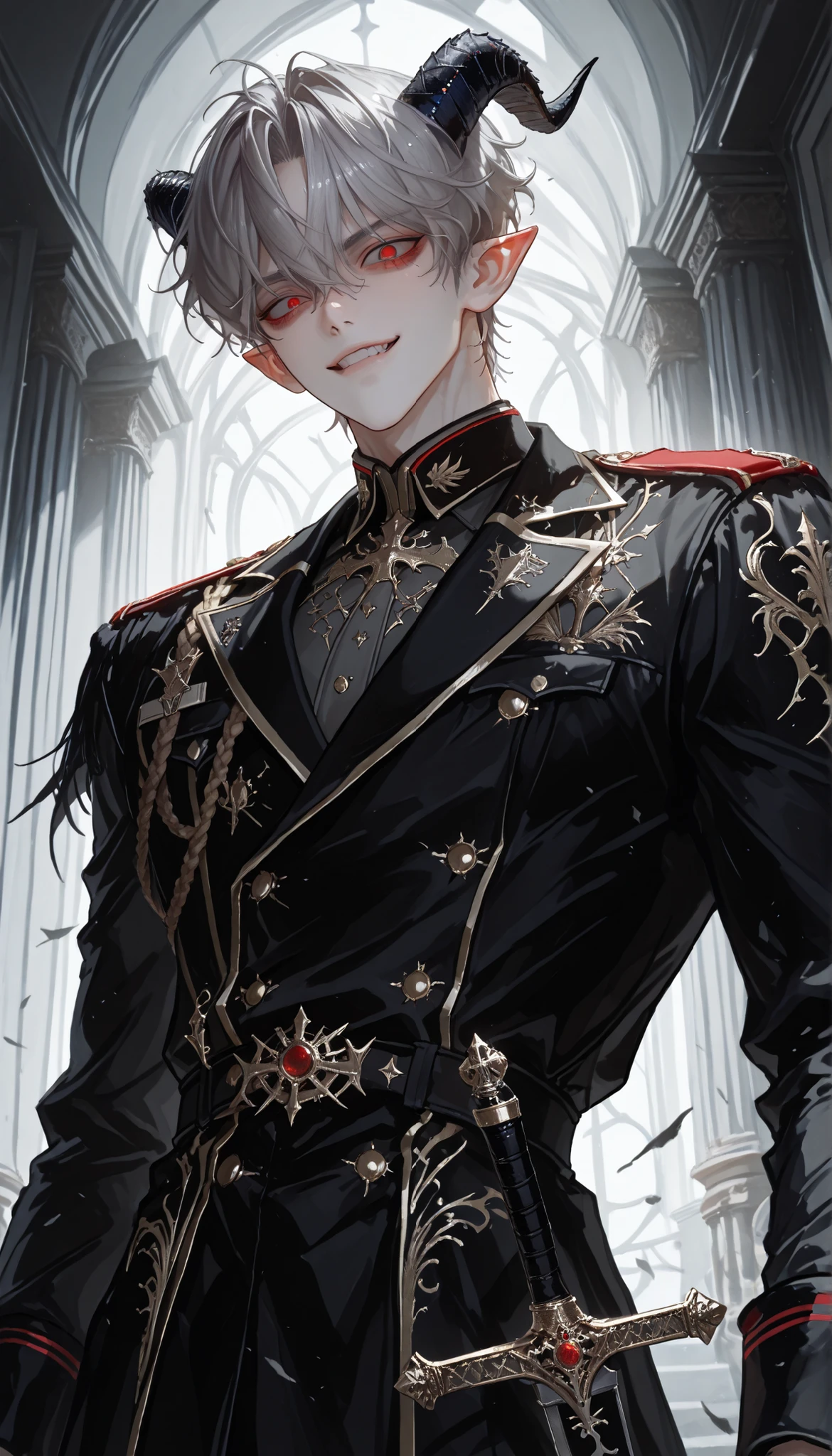 4k , 8k , solo image , (only 1male short grey hair with red eyes, wavy hair) , short hair style , adults , 25 years old , handsome , novel , manhwa , very details , perspective , hair details , very anime eyes details , ตรงตามกายวิภาคมนุษย์ ,ร่างกายสมส่วน , smirk , (body : head to waist focus, muscled, large) , standing pose, black horns, pointed ears, black manicure, crazy eyes, black noble military uniform, black sword