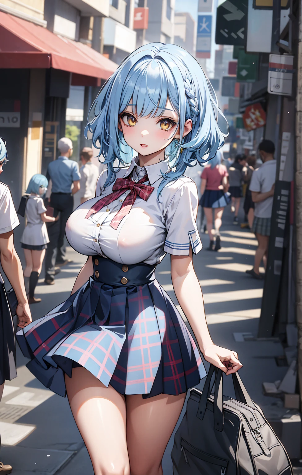 (8K、Highest quality、highest quality、masterpiece)、Detailed face、One girl、Rem from Re:Zero、Light blue hair 、short hair、twintails、blunt bangs、Grey Eyes、、、((Blazer jacket uniform))、((Pleated skirt))、((No panties))、((bent over))、Back Alley Background、Very large breasts、Nipples are visible、、Black Pantyhose、Milk dripping from nippleilk spurting from the nipple、、Open your mouth、Troubled face、Love juice from the genitals、Full body portrait、Walking around the city、One man、Hearts in the eyes、Sex with a man