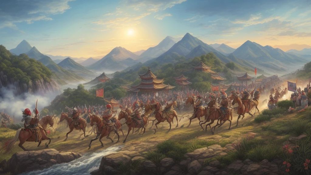 Absurd resolution, high resolution, (masterpiece: 1.4), hyper-detail, ancient China, a group of shirtless barbarian soldiers fighting charge, city walls, sieges, desert, dusk, fire