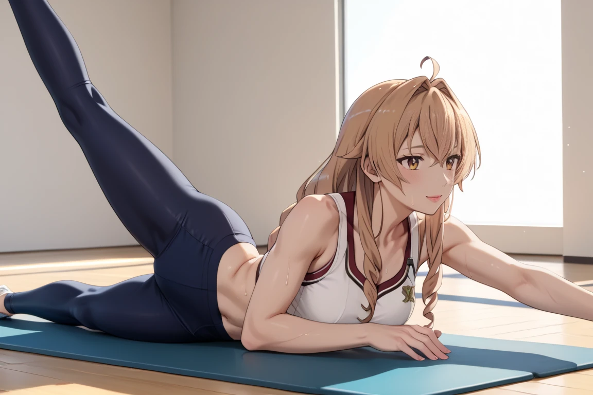 (Very detailed CG ユニティ 8k 壁紙)、(masterpiece)、(highest quality)、(Very detailed)、(Best illustrations)、(Best Shadow)、Side angle、alone、One Girl、Green Eyes、Big Eyes、（（sideを見せる））、（（Lying down））、（（whole body））、（（Yoga poses））、side、Leg spread、Sports Bra、Relaxing lighting、Bright colors、Natural light、side汗、180°Leg spread