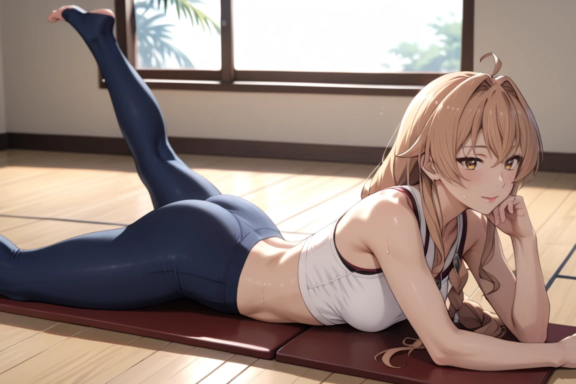 (Very detailed CG Unity 8k wallpaper)、(masterpiece)、(highest quality)、(Very detailed)、(Best illustrations)、(Best Shadow)、Side angle、alone、One Girl、Green Eyes、Big Eyes、((Show your side))、((Lying down))、((whole body))、((Yoga poses))、side、Leg spread、Sports Bra、Relaxing lighting、Bright colors、Natural light、side sweat、180°Leg spread