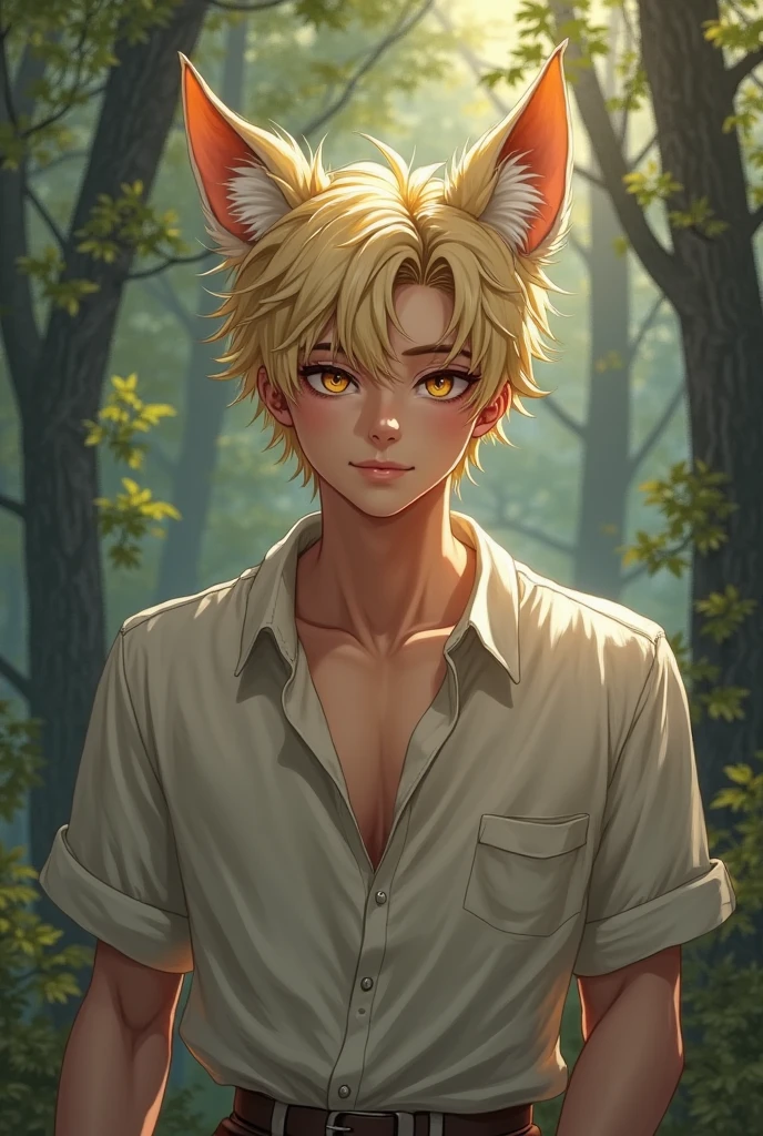 Handsome guy , Korean. He has very dark skin., yellow hair knee length with side bangs. He has faun ears., in the ears gold earrings rings. On the head are deer antlers. He has a bare torso and furry brown pants and shoes in the shape of hooves.. He has a red heart pendant.. He squats in a thicket of ferns and shoots an arrow from a bow.. He smiles beautifully. A kind jaguar next to him.