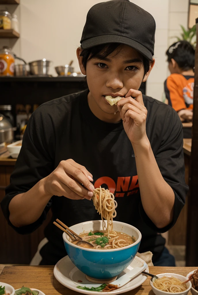gritty raw street photography, ultra high detail sharp focus photo, plain clean earthy young hacker, matrixpunk cybercostume, eating noodles in a busy crowded street diner, working hard,
