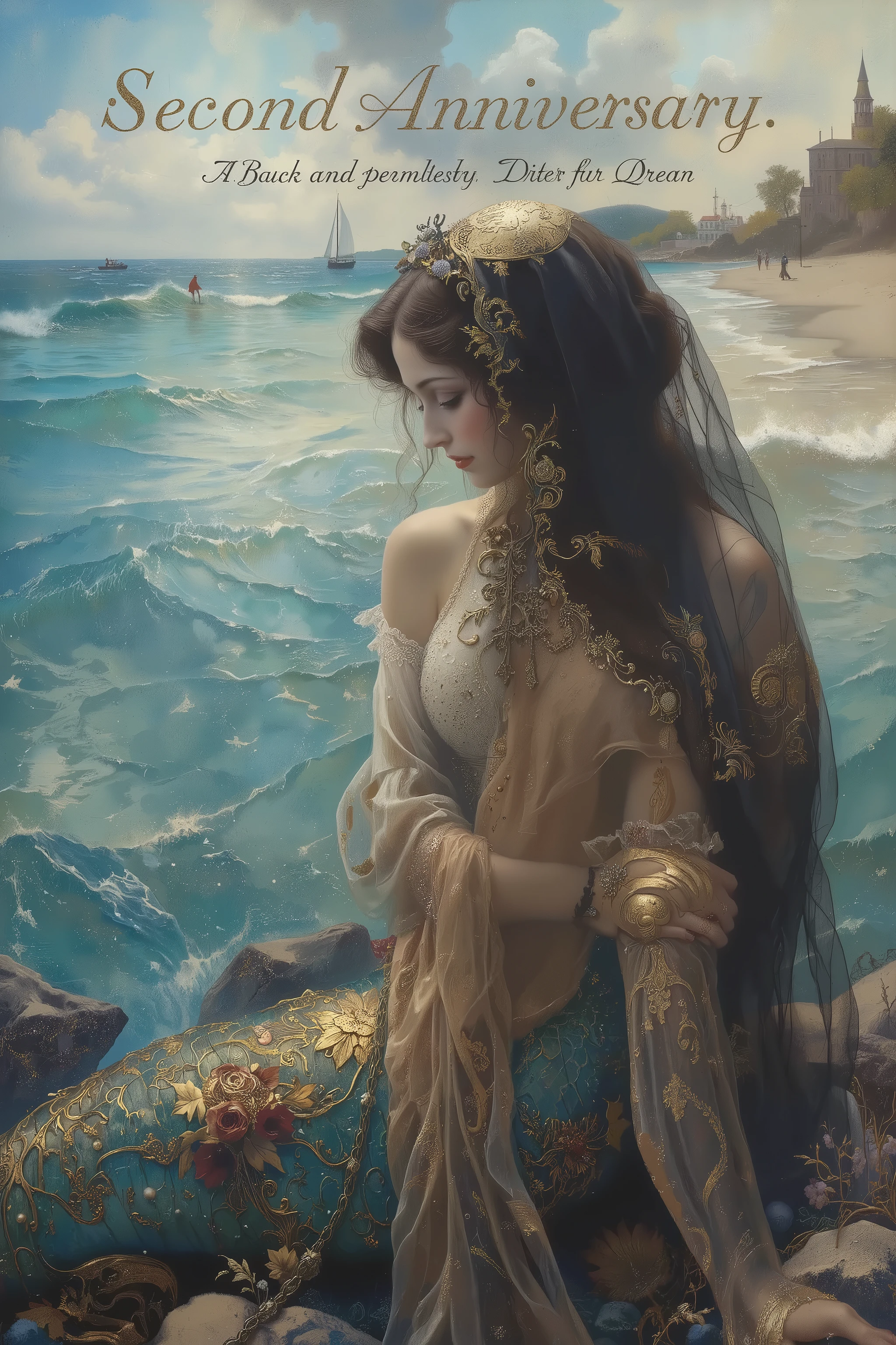 (((center title text"Second Anniversary.":1.5))),side view,romantic atmospheric,dynamic pose,dynamic angle,very beautiful mermaid,smile,sexy,wearing black veil,seaside at dawn,The ocean sparkled with shades of blue as the dawn,blue tone,seaart logo, oil painting,Gustav Klimt Style, ,vicgoth,exquisite digital illustration,vicgoth,exquisite digital illustration,aman0ayam1,by gustavklimt