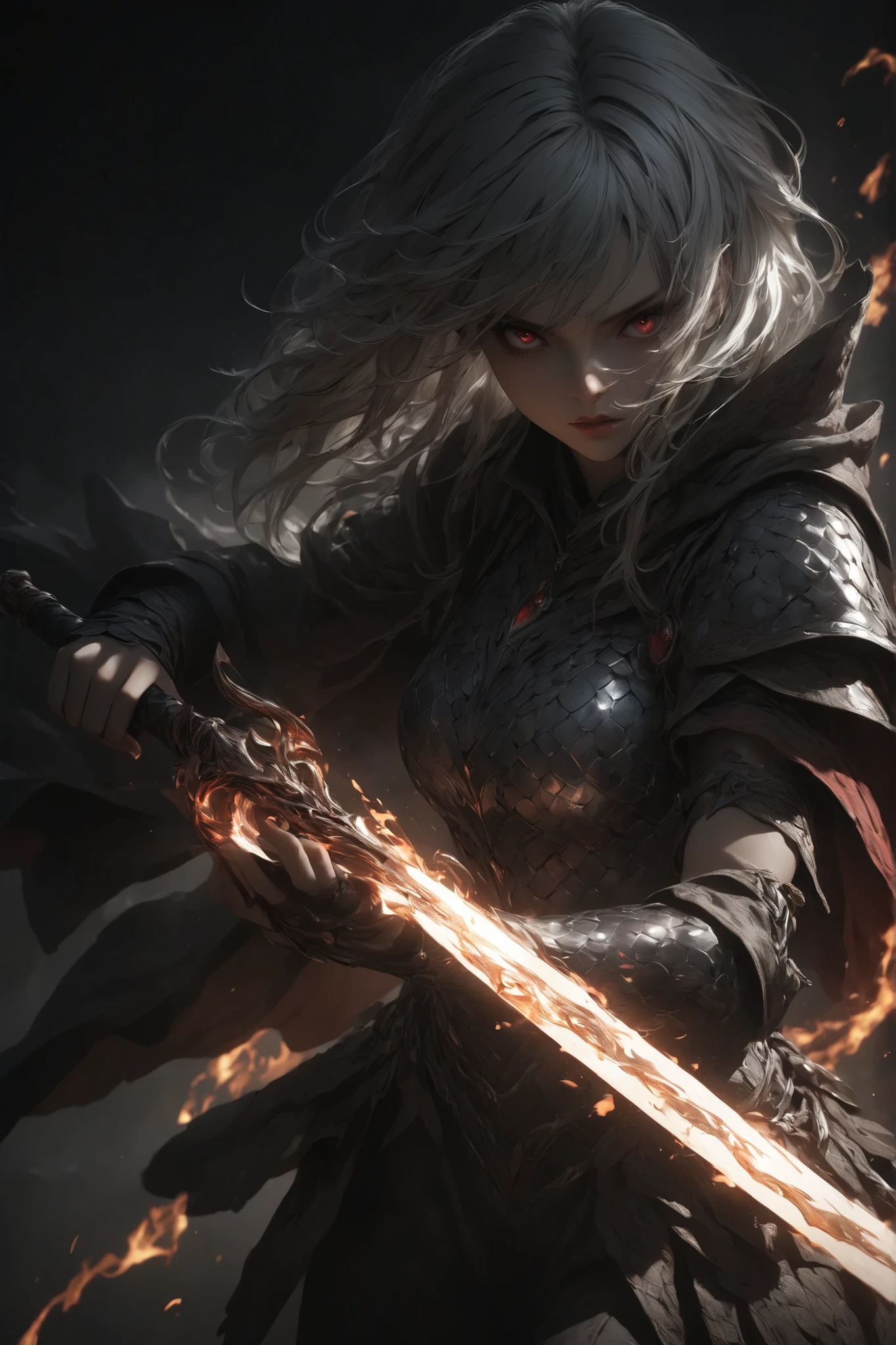(masterpiece, best quality:1.2),a beautiful witch who handles flame of sword,the witch\(long white hair,sharp eyes,red eyes,silver metallic snake scale armor\),simple background,[[dark horror essence]], Flame,dynamic scene,cinematic light,shading and contrast,hard brush works,intricate art work,detailed illustration,hand written sketch
              