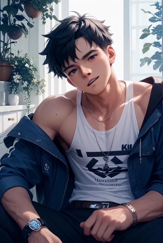 realistic, 8k image of a 20 years old boy, medium size straight black hair, skinny body, confused, dressed in a casual black hoodie and beige pants, lying on the ground behind pool house, morning lighting , anime style art