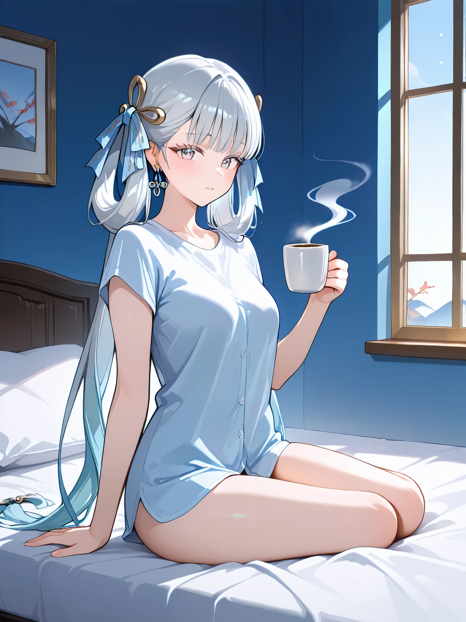 Anime, 1girl, backside view, white hair, blue eyes, glowing eyes, fishnet leggings, white winter sweater, mini-skirt, white underwear, slight smile, blush, cozy house, fireplace, white neck bow, white fox ears, black tight leggings, blue glowing, bedroom, back view, pillows, steaming hot cocoa, candy cane, lit candles, chocolate bar, lying down,  