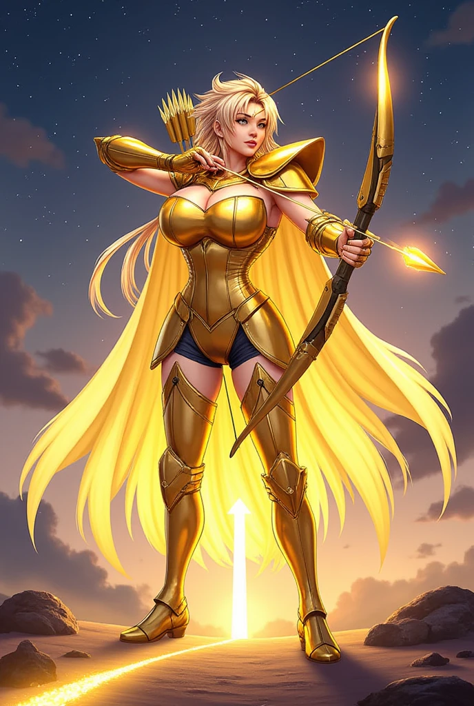Sexy female warrior with transparent golden crystal armor and a crystal sword, uncovered body, round ass, big breasts