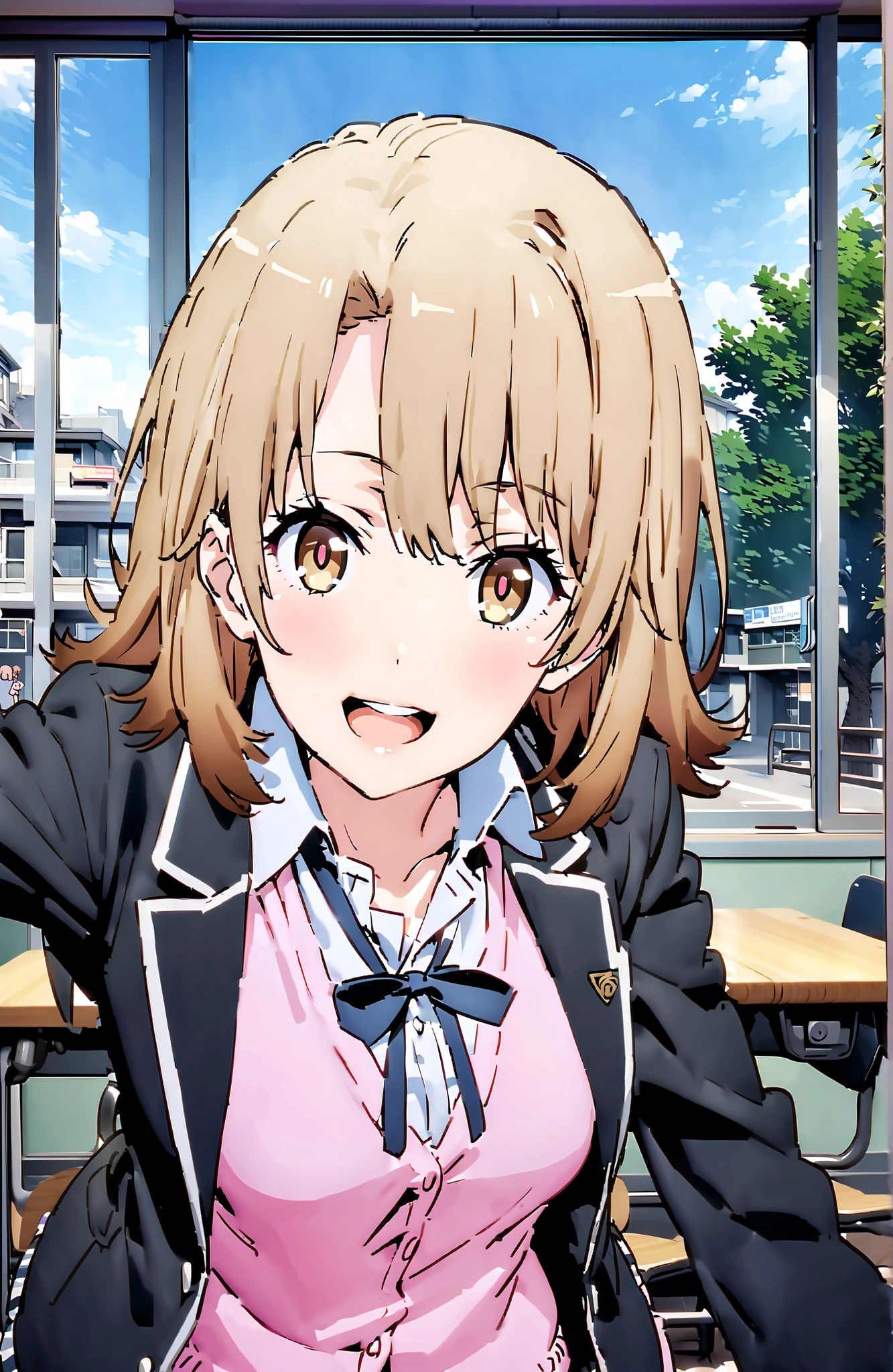 Irohaisshiki, Ishizaki Iroha, solo,short hair, brown eyes,brown hair,smile,blush,open your mouth,skirt for ears, shirt, ribbon, uniform, jacket, white shirt, opens clothes, open jacket, black jacket, plaid, plaid skirt for ears, blazer, cardigan, Black socks, pink cardigan, sobu high uniform, black high socks,Holding a bouquet with both arms,standing,Beautiful Scenery, Beautiful Streetscapes，noon,curtains,window,machine,chairs,blackboard,full bodyがillustrationsに入るように,break indoors, Classroom,
break looking at viewer,full body,
break (masterpiece:1.2), top quality, high resolution, Unity 8k 壁紙, (illustrations:0.8), (beautiful detailed eyes:1.6), Highly Detailed Faces,  perfect lighting on the table, extremely detailed CG, (perfect hand, perfect anatomy),