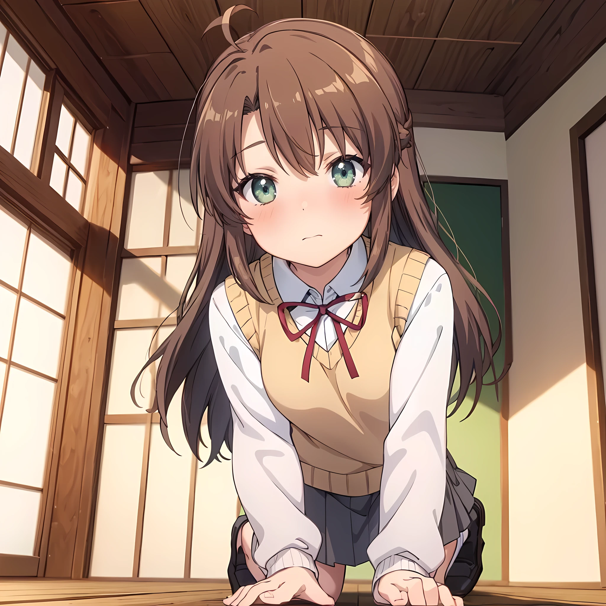 (masterpiece, top quality), EXTREMELY detailed CG Unity 8k wallpaper, high definition, bold composition, masterpiece, best quality, amazing quality, very aesthetic, high resolution, ultra-detailed, absurdres, newest, scenery, depth of field, voLumetric lighting , artistic composition, Anime screencap, Flat animation, 1 girl, nose blush, matur, (On all fours), looking at viewer, from below, from front, pointing, bedroom, close-up of hands, Japan, embarrassing, EdobUruseiYatsura, nonkomari, dwarf, little_girl, school_uniform, sweater vest, neck ribbon, brown_hair, long_hair, green_eyes, blush, antenna_hair, bangs, short legs, , gray skirt