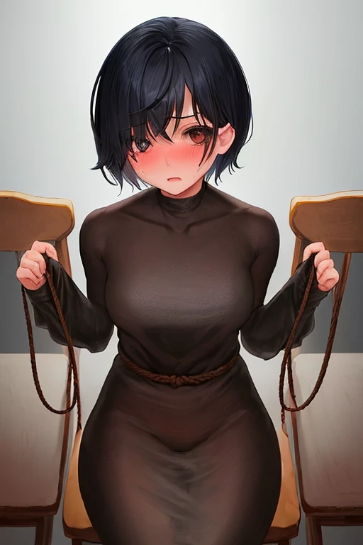 nsfw,large breast,black hair,short hair,nude,bondage,looking at viewer,shoot from front