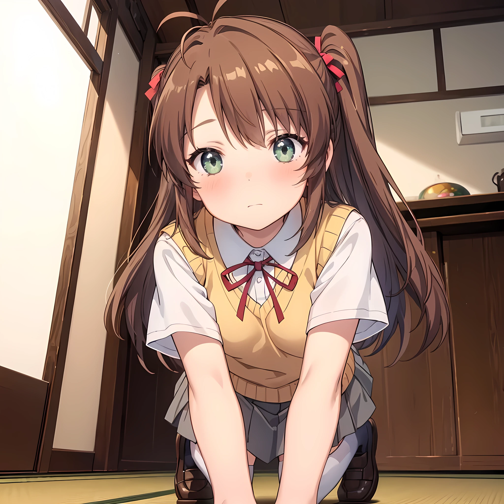 (masterpiece, top quality), EXTREMELY detailed CG Unity 8k wallpaper, high definition, bold composition, masterpiece, best quality, amazing quality, very aesthetic, high resolution, ultra-detailed, absurdres, newest, scenery, depth of field, voLumetric lighting , artistic composition, Anime screencap, Flat animation, 1 girl, nose blush, matur, (On all fours), looking at viewer, from below, from front, pointing, bedroom, close-up of hands, Japan, embarrassing, EdobUruseiYatsura, nonkomari, dwarf, little_girl, school_uniform, sweater vest, neck ribbon, brown_hair, long_hair, green_eyes, blush, antenna_hair, bangs, short legs, , gray skirt