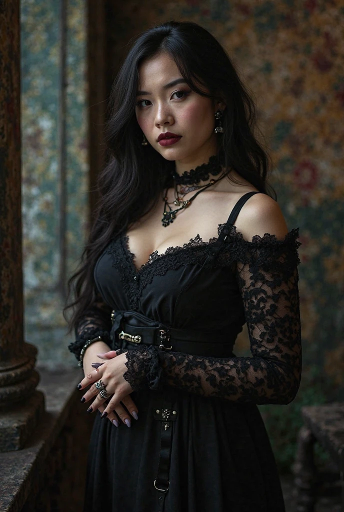 a cute Yuna in cosplay as Morticia Adams, beautiful detailed eyes, beautiful detailed lips, extremely detailed eyes and face, long eyelashes, slinky black dress, deep v down middle, deep thigh slits, sultry pose, holding a black rose, 8k, best quality, high resolution, masterpiece, ultra-detailed, realistic, photorealistic, HDR, studio lighting, extreme detail description, vivid colors, dark gothic, chiaroscuro lighting, moody atmosphere, dramatic lighting
