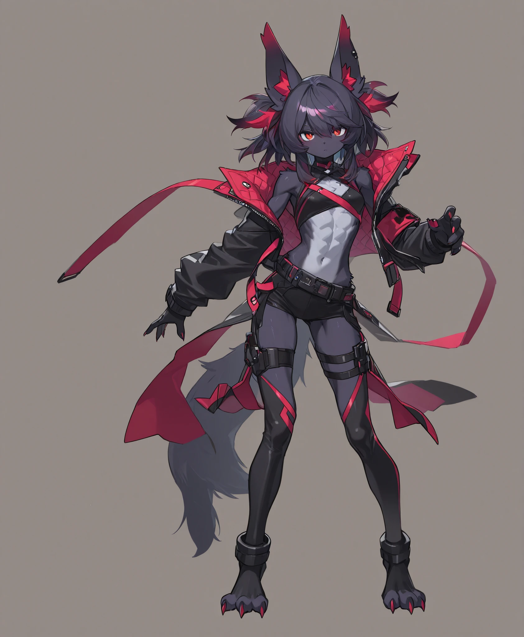 ((fluffy dog)), (1 character:1.4),Author: spuydjeks, (((black fur))), Slim, skinny, small waist, high detail, detailed art style, (sly smile:1.4), Thick hair, small chest, short shorts, Full Length, perfect body, (1 boy:1.5), (Body like a girl:1.4), don't worry, , leg braces, in a sweatshirt