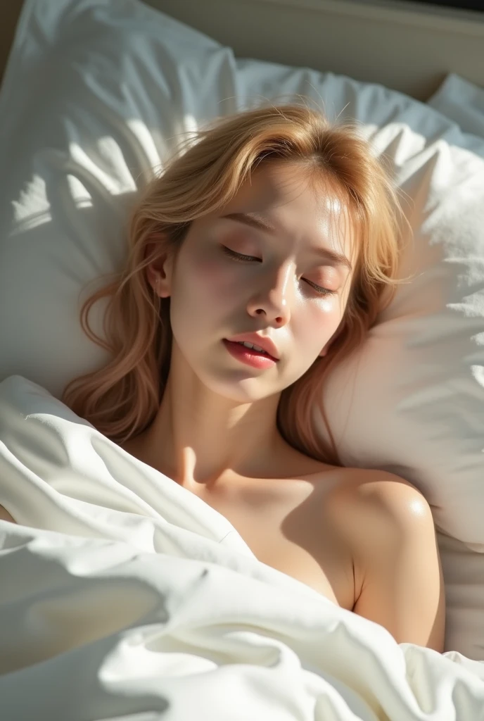 1girl, With stuffed bear, eyes closed. blush, perfect illumination, gold hair, unreal engine, side lighting, detailed face, bangs, light skin, simple background, dark background, beach, sleep, <la:makimaChainsawMan_v10:0.35