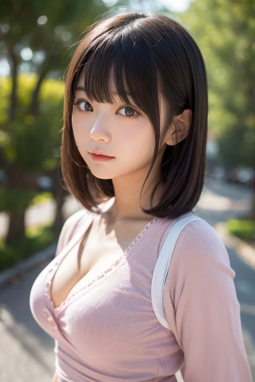 Woman posing on street corner in pink dress, Top Quality, High Definition, 8k, 1girl, (Big), Day, Bright, Outdoor, (Street:0.8), (People, Crowd:1), Torn bra, Gorgeous, (Medium hair), Beautiful detail sky, Beautiful earrings, (Dynamic Pose: 0.8), (Upper body: 1.2), Soft lighting, wind, shiny skin, Watch the viewer,