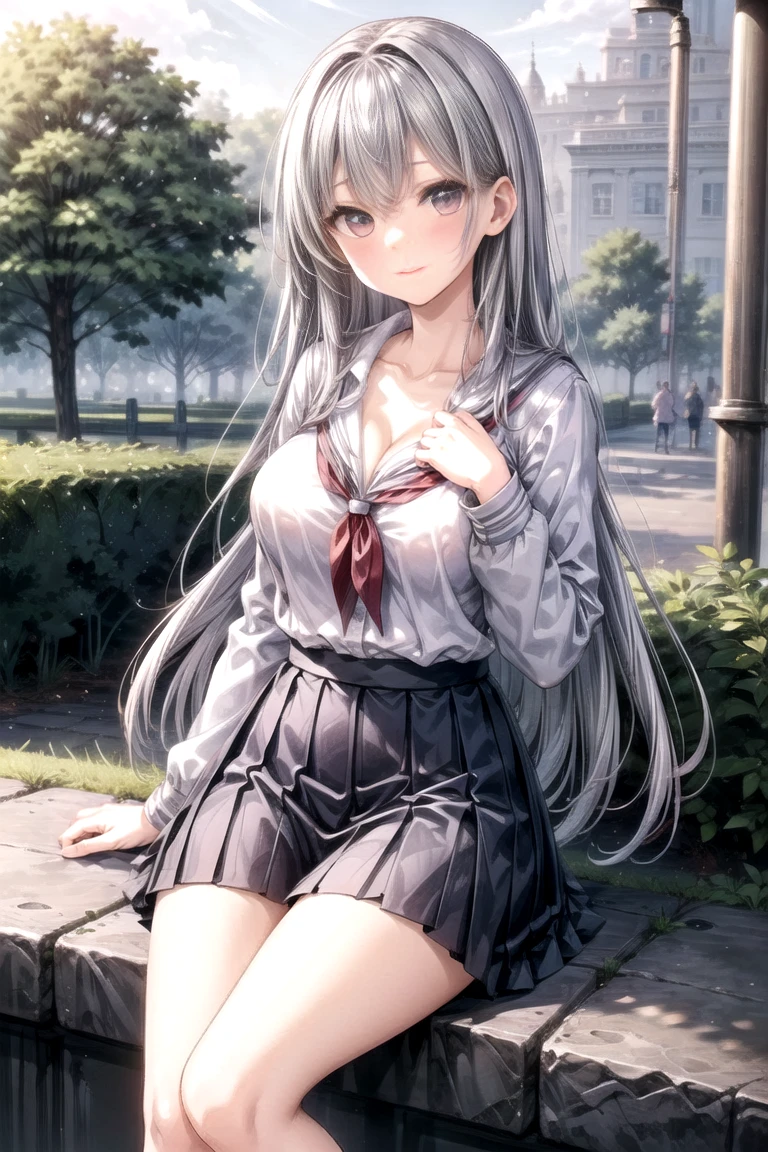 (masterpiece, top quality), 1 girl, long hair, princess cut, braid, silver hair, happy, large_breasts, green eyes, hair ornament, school_uniform, short_sleeves, blue_skirt, bare_legs, blue_sky, park, front view, insight, breast squeeze, pupil highlight