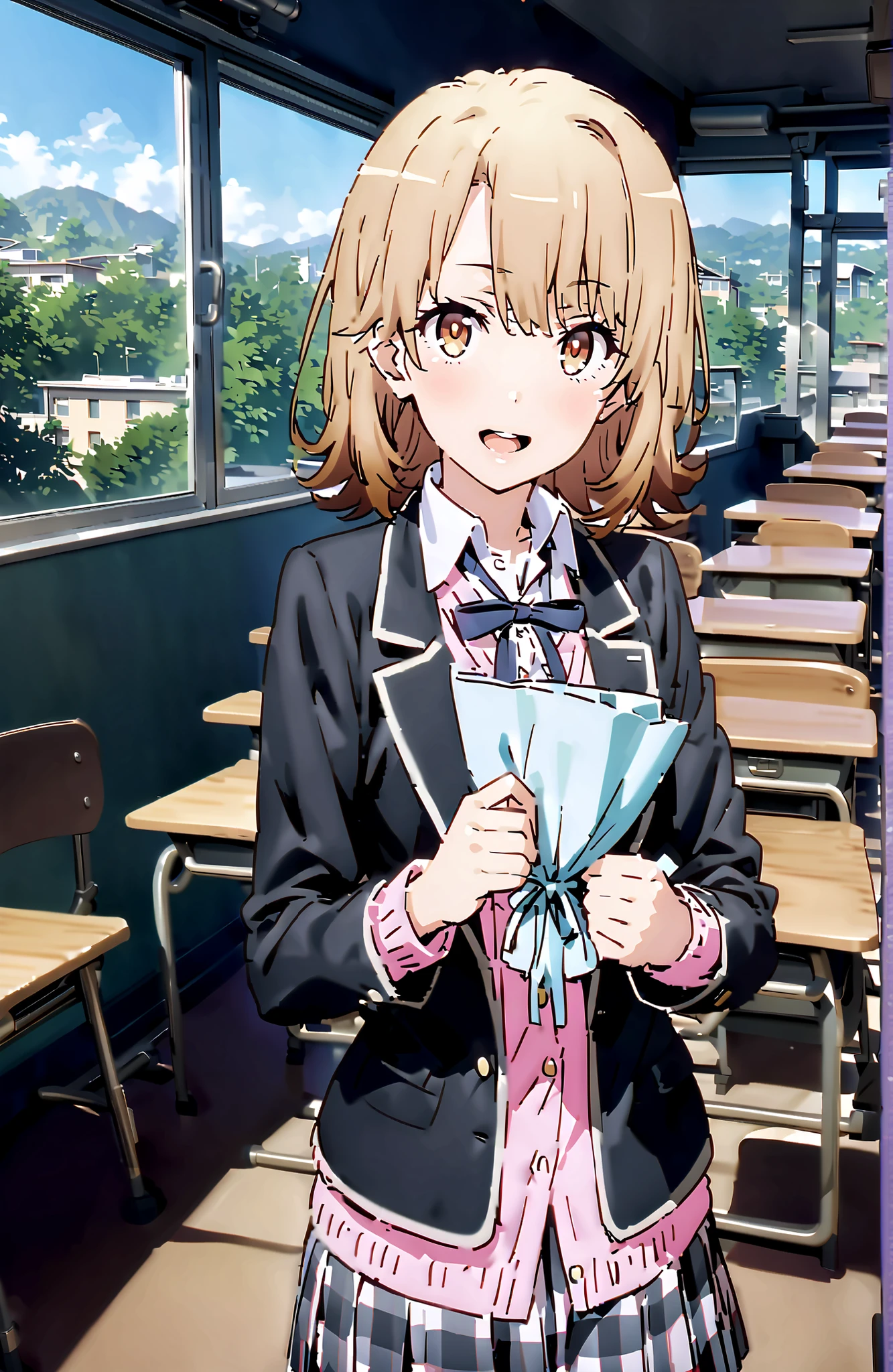 Irohaisshiki, Ishizaki Iroha, solo,short hair, brown eyes,brown hair,smile,blush,open your mouth,skirt for ears, shirt, ribbon, uniform, jacket, white shirt, opens clothes, open jacket, black jacket, plaid, plaid skirt for ears, blazer, cardigan, Black socks, pink cardigan, sobu high uniform, black high socks,Holding a bouquet with both arms,standing,Beautiful Scenery, Beautiful Streetscapes,noon,curtains,window,machine,chairs,blackboard,full bodyがillustrationsに入るように,break indoors, Classroom,
break looking at viewer,full body,
break (masterpiece:1.2), top quality, high resolution, Unity 8k 壁紙, (illustrations:0.8), (beautiful detailed eyes:1.6), Highly Detailed Faces, perfect lighting on the table, extremely detailed CG, (perfect hand, perfect anatomy),