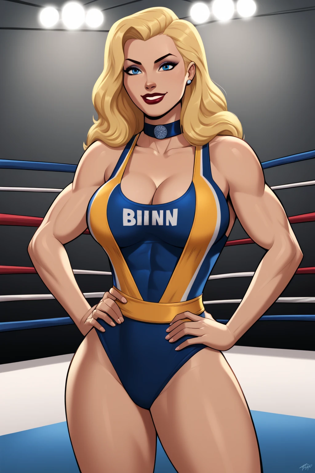 muscular girl breasts yellow hair, wavy hair, curly hair, thick yellow eyes, yellow combat clothing, thick thighs, pale expressionless pov_door pov_door, angry expression, boxing gloves