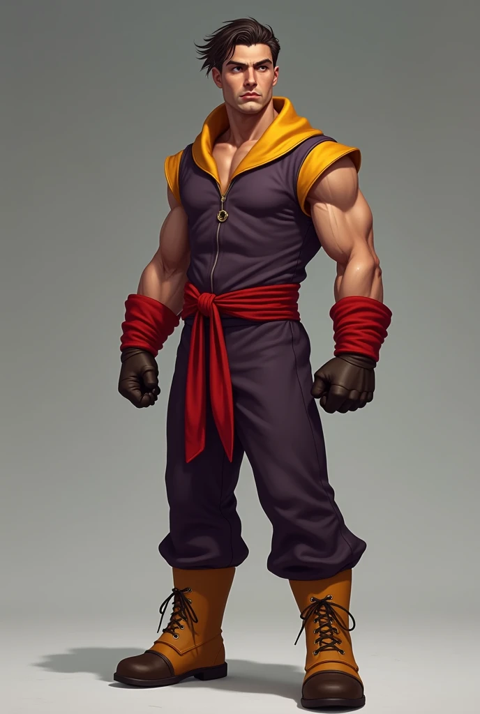 handsome moba character muai thai fighter with red hair and a scar in the nose and the chest, tied back hair , making a fighting pose smiling, arms above head, charming character , young adult, white background , digital painting, game artwork splash art, full body view