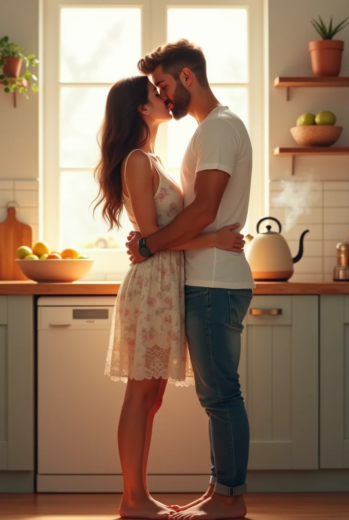 man and woman kissing, warm, romantic, kitchen, passionate, couple, fun, hyper realistic, ultra realistic, human, home vibe, happy, y, wallpaper, anime, full body, eroensual, no extra limbs, nsfw