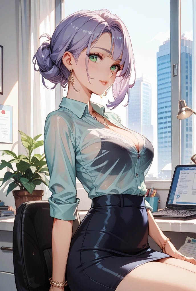Top image quality, Raw photography,ultra-high-resolution,18-year-old Korean, Glasses beauty, Formal shirts, Open shirt, Showing small perky breasts exposed, their rosy hard nipples peeking out, Lifting her formal skirt, No panties, fair white skin, shiny white skin, Short Bob,1bright silver hair, purple hair, purple eyes, Very thin lips, beautiful eyes finely detailed, elongated eyes, pale pink blush, long eye lashes, Beautiful double eyelids, eyeshadows, neckless, Nipple Ring, Sitting in an office chair, very wide spread your legs, Showing off your hairy pussy, Large corporate offices, Corridors of large companies, Fashionable glasses, Lighting that emphasizes beautiful skin, (full body)((best quality)), ((masterpiece)), (detailed), perfect face