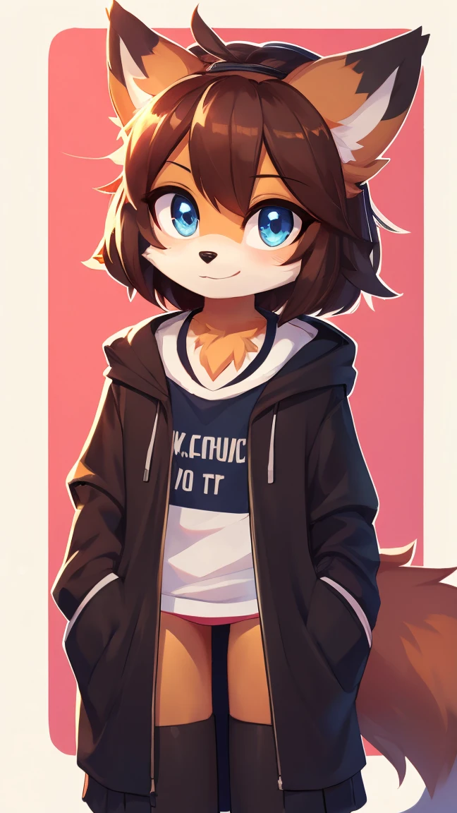 (coffeesoda:1.1), hioshiru, fox, femboy, sky blue eyes, multicolored fur, white fur, dark brown fur, black fur, wearing a hoodie, solo
