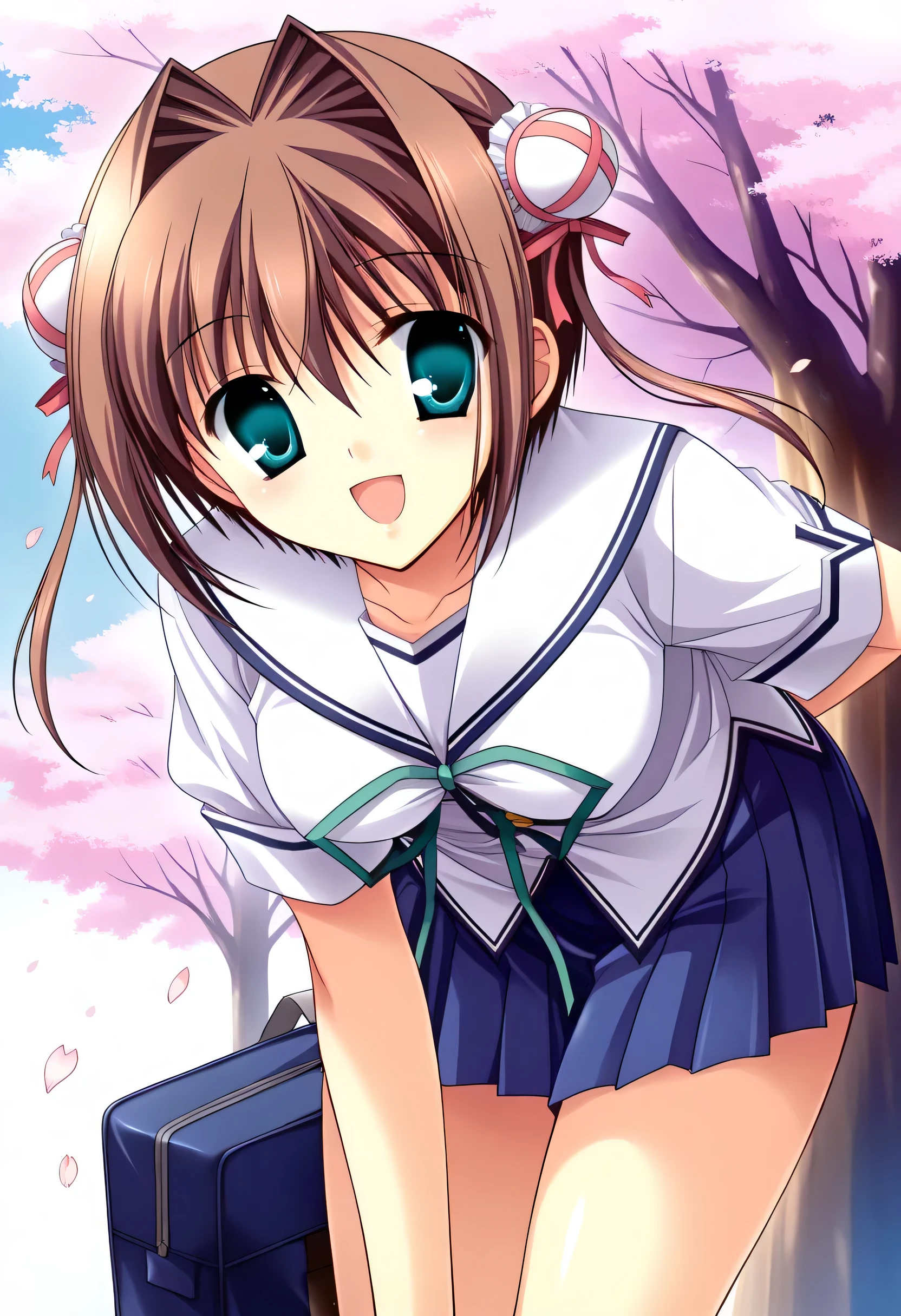 yume,score_9,score_8_up,score_7_up,sauce_anime,1 girl,(small medium breasts),day,close one eye,standing,forward leaning posture,white school uniform,serafuku,short sleeves,blue pleated miniskirt,school bag,tree,cherry blossoms,petals,smile,:d,
